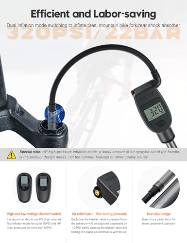 Tiakia High Pressure Bike Shock Pump 320PSI -Front Fork and Rear Suspension Air Bike Pump with Digital Gauge, Aluminum Barrel, 360° Rotating Hose, Fit Presta, Schrader Valves, Great for Mountain Bike