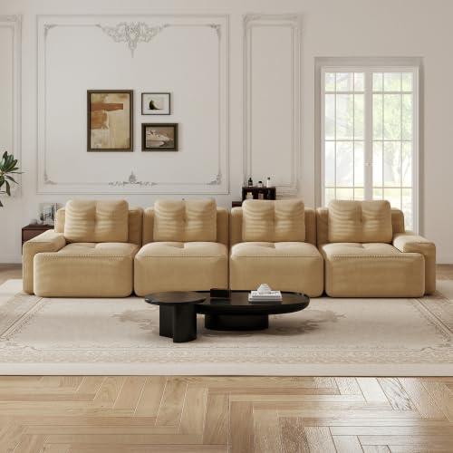 Image of 153 inch Extra Large 4-Seater Modular Boneless Couch, Luxury Corduroy Fabric, Deep Seat Cloud sectional Sofa with Buckle Connection, No Assembly Anti-Slip Couch for Big Living Room, Camel