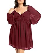 SCOMCHIC Women's Plus Size Puff Long Sleeve Dresses Sweetheart Neckline A Line Short Wedding Gues...