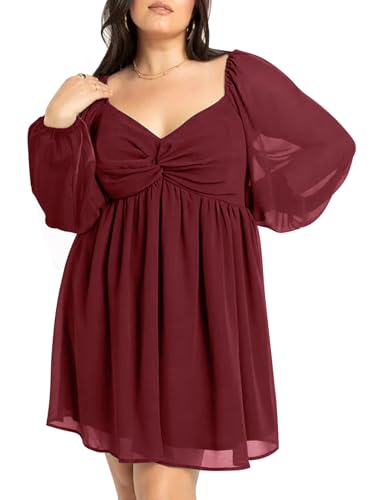 Image of SCOMCHIC Women's Plus Size Puff Long Sleeve Dresses Sweetheart Neckline A Line Short Wedding Guest Cocktail Dress