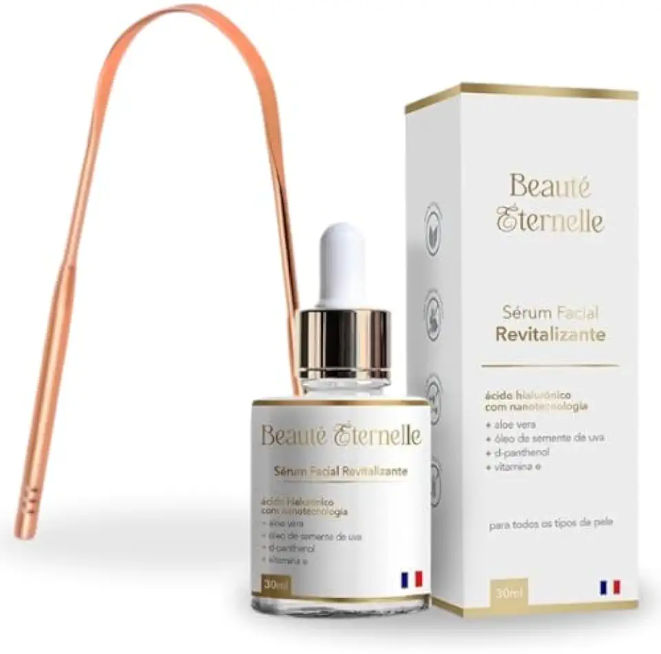 KIT Sérum Facial Hidratante e Revitalizante Rejuvenescedor Beauté Éternelle 30 ml com Ácido Hialurônico MAIS Raspador Limpador De Língua De Cobre Higienizador Bocal (Aloe Vera, Óleo de Semente de Uva, D-panthenol, Vitamina E)
