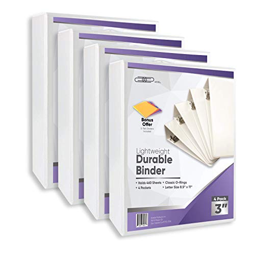 Xcel 3 Ring Binder, 3 Inch Binder, White 4-Pack, Includes Binder Dividers