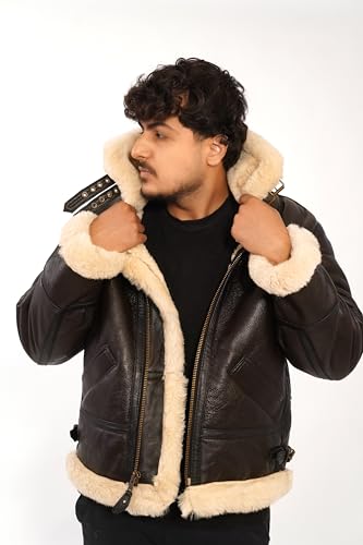 Image of B3 Bomber Jacket B3 Bomber Jacket Real Shearling Men RAF Bomber Ginger Mens Aviator Jacket (US, Alpha, Medium, Regular, Regular, Brown)