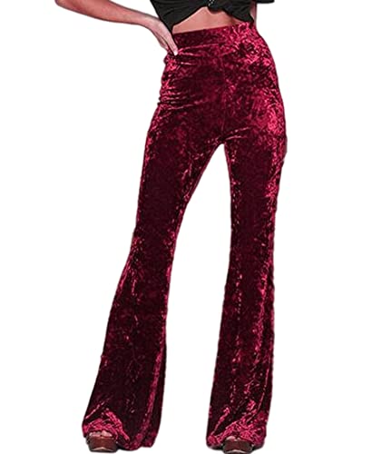 Sematomala Women's Crushed Velvet Straight Wide Leg Pants Flare High Waisted Palazzo Bell Bottom Yoga Streetwear Long Trousers Wr-S Wine Red #TOP2