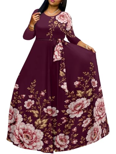 Image of Women Plus Size Long Sleeve V Neck Maxi Dress with Belt | Soft fabric relaxed fit three quarter sleeve v neck with pockets for party and daily wear