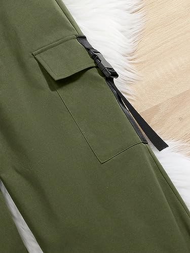 Image of OYOANGLE Girls' 2 Piece Outfits Rib Knit Cut Out Long Sleeve Tops And Cargo Pants Army Green 8-9Y