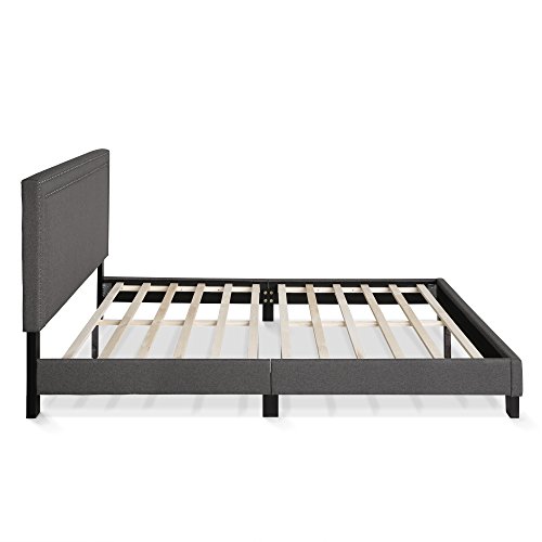 Furinno Laval Double Row Nail Head Upholstered Platform Bed Frame, Queen, Stone #TOP3