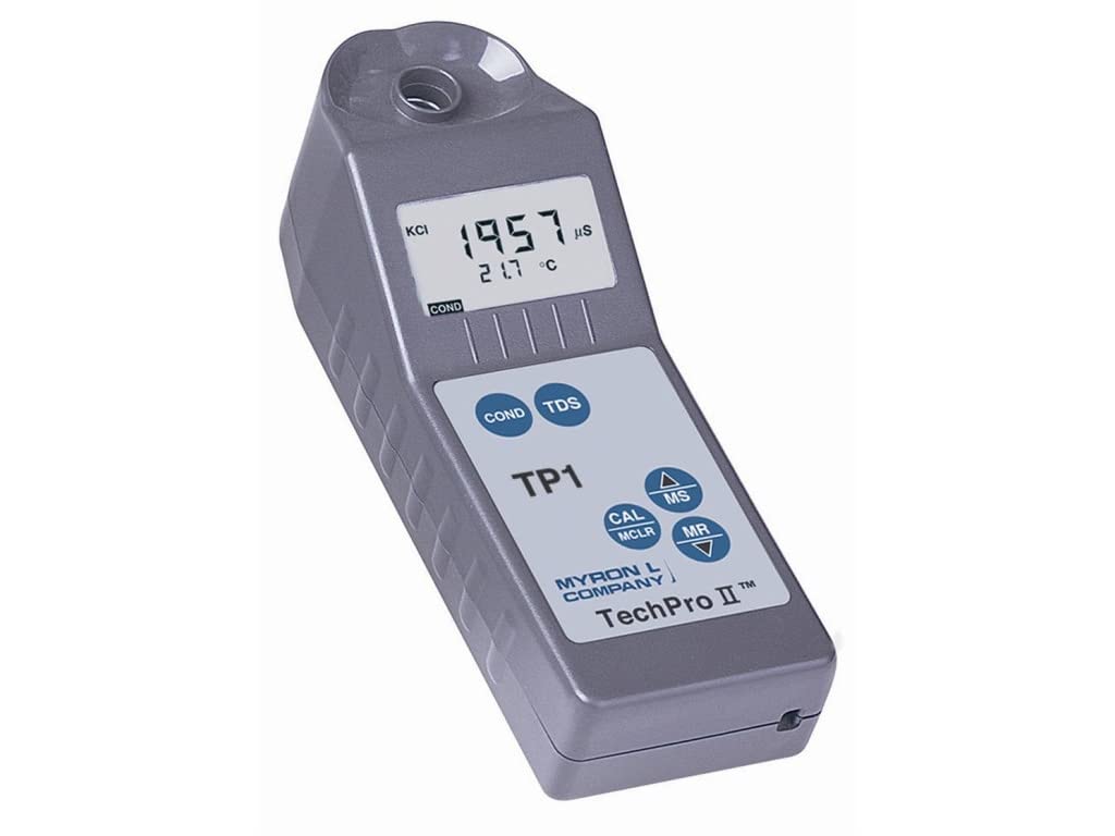 Myron L TP1 TECHPRO II Digital Meter displaying conductivity and temperature readings.