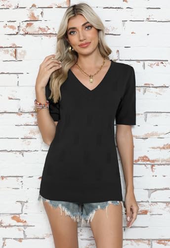 Image of Yincro Womens Short Sleeve Sweaters Fall Summer Tops V Neck Lightweight Knit Pullovers