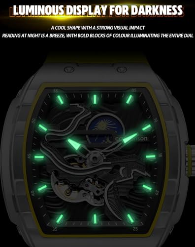 Image of Men's Luxury Steampunk Automatic Mechanical Watch Great Wall of China Pattern Carving Watch Tonneau Hollowed Moon Phase Dial Waterproof Luminous Silicone Wristwatch