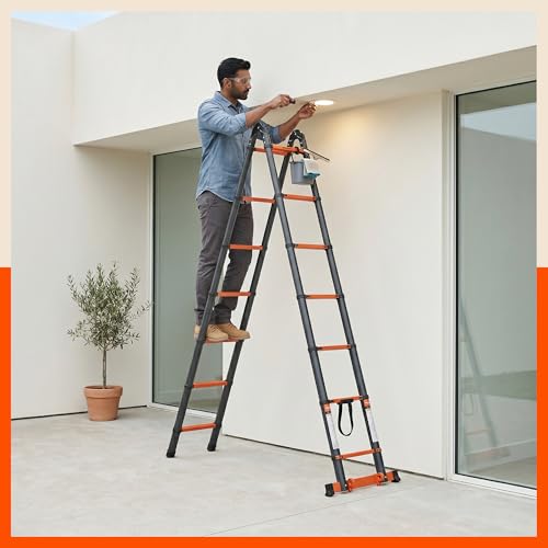 Image of Bathla 18.5 Ft A-Type Foldable Steel Telescopic Ladder with Support Wheels | Portable, Compact & Multipurpose Ladder for Home, Industrial and Outdoor Use