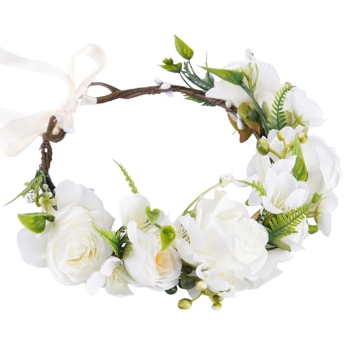 KorViSHOW White Flower Crown Headband, Bridal Boho Floral Headpiece