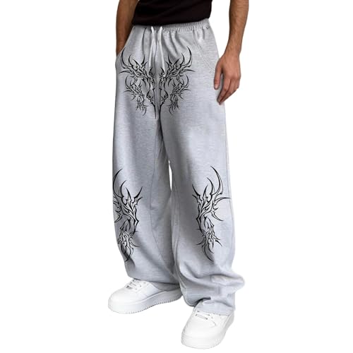 Image of Gothic Print Casual Jogger Pants with Elastic Waistband for Men and Women, Comfortable Streetwear with Tapered Leg and Side Pockets, Ideal for Everyday Wear and Alternative Fashion (Grey, XL)