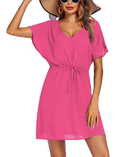 Image of Ekouaer Womens Swimsuit Coverup Short Sleeve Beach Cover Up Dress V Neck Bikini Beachwear