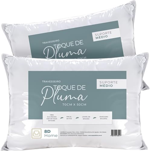 Kit 2 Travesseiros Toque de Pluma Percal 180 Fios – 50x70 cm | Lavável, Antiácaro, Antialérgico, Sup