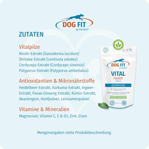 DOG FIT by PreThis® VITAL Health für Hunde - Natürliche Superfoods für Vitalität I Mit den Vitalpilzen Reishi, Shiitake & Cordyceps I Kurkuma, Ginseng & Vitamin D3 I Größe M (10–25 kg)