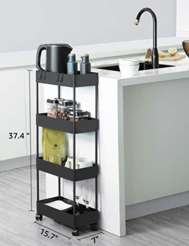 BASSTOP Storage Cart 4 Tier Bathroom Storage Organizer Rolling Utility Cart, Slide Out Storage Shelves Mobile Shelving Unit for Bathroom Kitchen Bedroom Laundry Narrow Places, Black