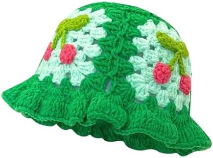 Crochet Bucket Hat for Women Handmade Knitted Beach Sun Hat Cherr...
