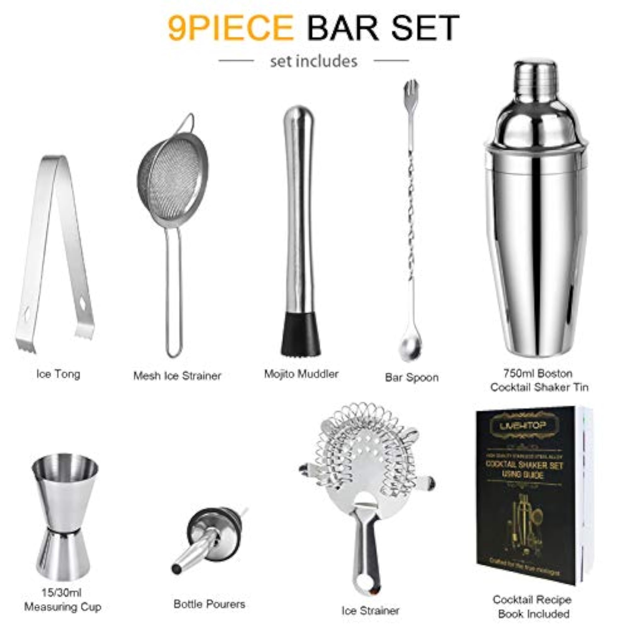 Cocktail Shaker Set, Stainless Steel Bartending Kit with 25 oz Martini Shaker