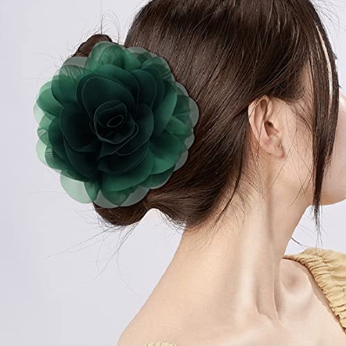 Cinaci 4 Pack Large Red Yellow Green Black Rose Flower Plastic Hair Claws Clips Big Chiffon Flower Bows Jaw Barrette Clamps Floral Ponytail Holder Bun Decorative Fancy Hair Accessories For Women Girls #TOP2