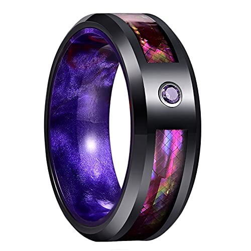 Sfert 8Mm Tungsten Ring Mens Rings Wedding Bands Black Tungsten Carbide Ring With Purple/Blue Abalone Shell Und Zircon Inlay For Engagement Anniversary Friendship Size 10 #TOP26