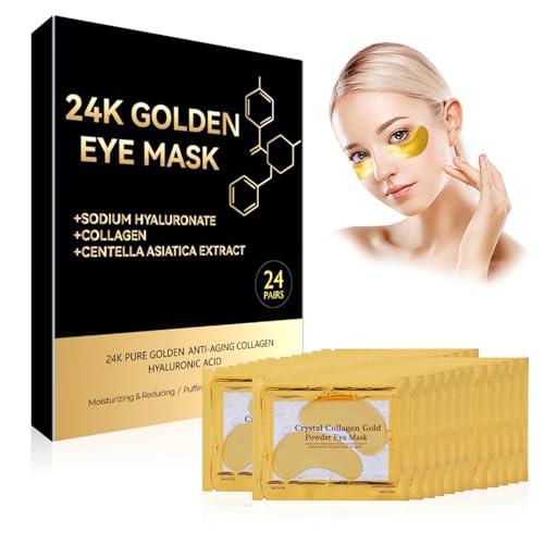Parches Ojos Bolsas y Ojeras, 24K Gold Parches Ojos, Antiojeras Mujer, 24 Pares Parches Oculares Dorados Antiarrugas - Reducción de Ojeras y Líneas de Expresión