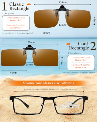 Image of Joopin 2 Pack Rectangle Clip on Flip up Sunglasses Polarized UV Protection | 2 Pcs, TAC lens, Metal Clips, Rubber Bars, Women, Men, rectangular, Frameless, Clamped onto the glasses, Driving, Fishing