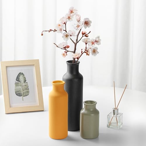 Winter Shore Set Vasi Fiori Ceramica (3 Pezzi) - Vasi Design Varie Dimensioni Per Cucina, Ingresso, Bagno, Soggiorno - Vasi Decorativi Rustici Per Tavoli, Scaffali, Caminetto - Grigio, Giallo, Nero - 6
