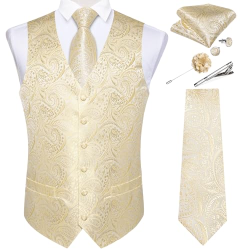 Image of DiBanGu Mens Vest and Tie Set Formal Paisley Waistcoat and Necktie Pocket Square Cufflinks Silk Suit Vest for Tuxedo Wedding