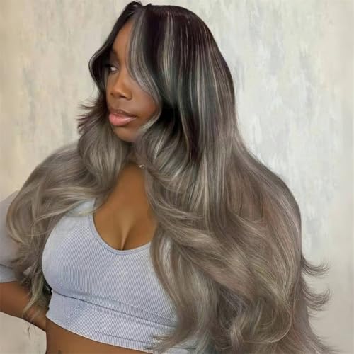 13x6 Ombre Black to Gray Ash Blonde Highlight Human Hair