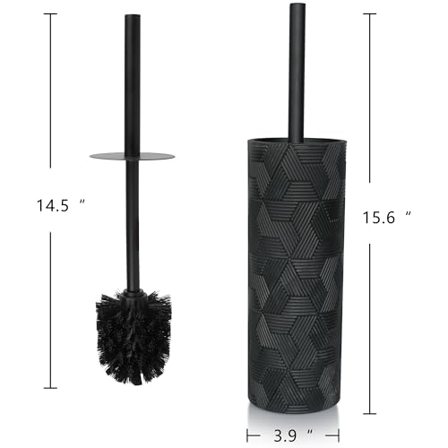 Image of Matte Black Geo Design Resin Toilet Bowl Holder and Brush Set, Stylish Geometric Design with Durable Bristles, Compact and Modern