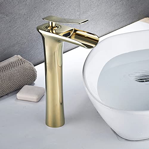 Mitigeur de lavabo haut doré à poignée unique anti-éclaboussure