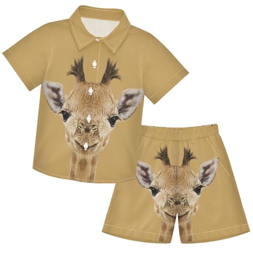 Image of visesunny Funny Boy's 2 Pieces Shirt and Short Set Casual Shirts Short Sleeve Beach Shorts Summer Outfits for 3-10 Years Kids