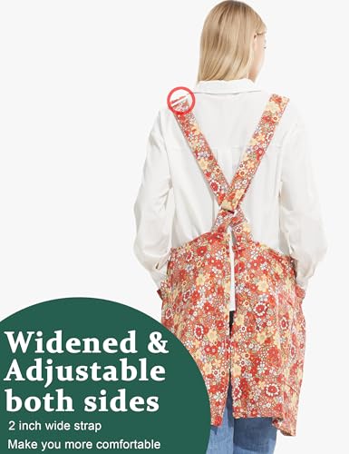 Image of Cozy Adjustable Cross Back Aprons for Women with Pockets Cotton Linen Cooking Kitchen Baking