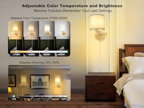 Image of GOODATE Plug in Wall Sconces with Remote Control, Dimming & Adjustable Colors 2700K-6500K, Hardwire or Plug-in, Swing Arm Wall Lamp, Wall Sconces Set of Two, White Fabric Shade, Oak Finish
