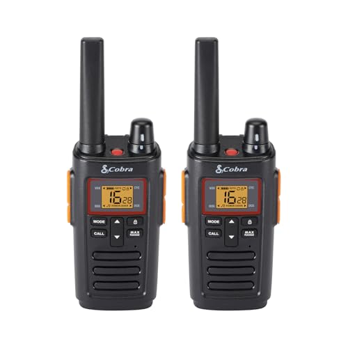 Cobra RX380 Walkie Talkies (paquete de 2) – PMR446 radios bidireccionales recargables recreativas y comerciales, alcance de 8 km, resistencia al agua IPX2, negro y naranja
