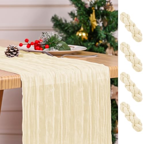 Paquet de 4 chemins de Table Ivoire 45 x 275 cm Chemin de Table en étamine chemins de Table en Gaze Boho chemins de Table rustiques en Tissu Transparent pour Table à Manger de fête de Mariage