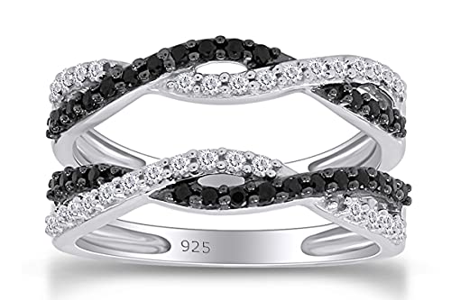 Jewel Zone US Black White Cubic Zirconia Enhancer Guard Engagement Ring in 14k Gold Over Sterling Silver