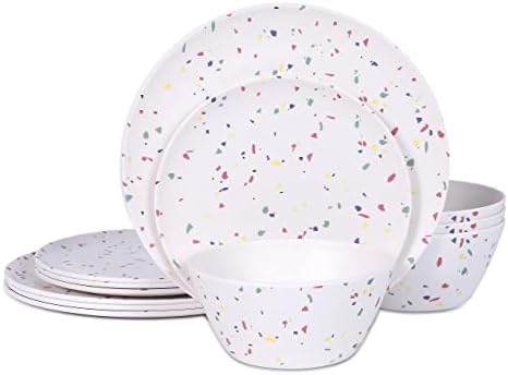 12 Pieces Dinnerware Set Melamine Plates and Bowls, Service for 4, Lightweight & Unbreakable Dishes- Perfect for Graduation Birthday Wedding Use Reuseable Dish Set（Multicolored Confetti）