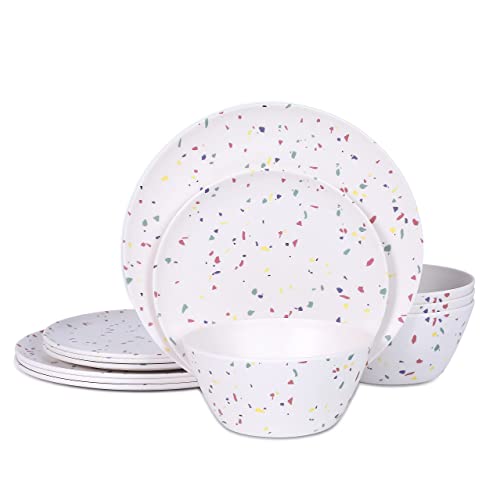 12 Pieces Dinnerware Set Melamine Plates And Bowls, Service For 4, Lightweight & Unbreakable Dishes- Perfect For Graduation Birthday Wedding Use Reuseable Dish Set（Multicolored Confetti） #TOP21