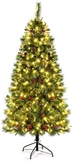 Multigot 5FT/6FT Christmas Tree with Warm LED lights, Artificial Pre Lit Xmas Tree, Indoor Decorative Festival Pine Tree with Pinecones Red Berries(6FT)