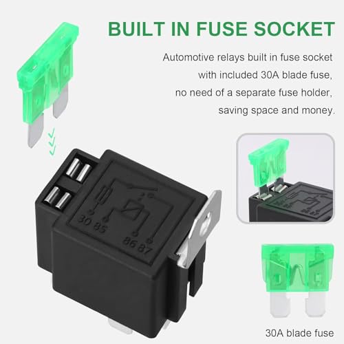 2 Stück 12V Sicherungsrelais 30A ATO/ATC Flachsicherung mit Kabelbaumsatz, 4-polige SPST Relais für den Automobilbereich mit 12 AWG Hochleistungskabeln