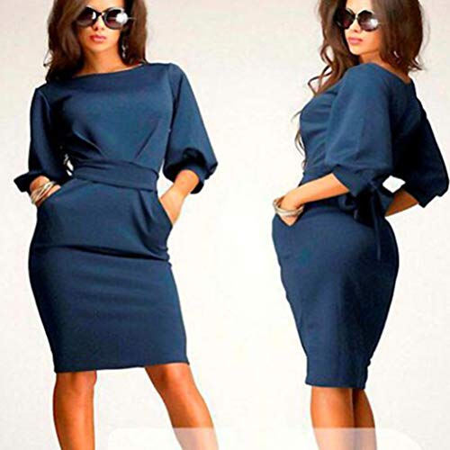 Vestido feminino de manga bufante slim coquetel midi tamanho P (azul escuro)