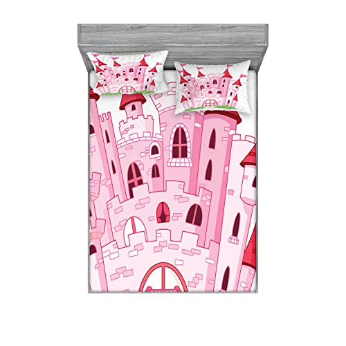 Ambesonne Fantasy 2 Pack Fitted Sheet & Pillow Sham Set, Cartoon Magic Kingdom, 4 Pcs Bedding Decor, Package Contains 2 Full Size Fitted Sheets & 4 Pillow Covers, Pink White