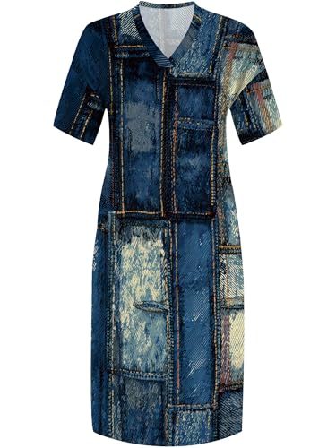 Image of SUZONANA Plus Size Denim Print Maxi Dresses for Women Casual V Neck Short Sleeve with Pockets Soft Jean Look Dress XL-6XL