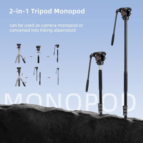 Cayer CF2451 Carbon Fiber Tripod Kit, 75 inches Video Tripod Leg with Fluid Head, 4-Section Tube Stand Convertible to Monopod for DSLR Camera, Video Camcorder, Max Load 13.2lb - Thumbnail 7