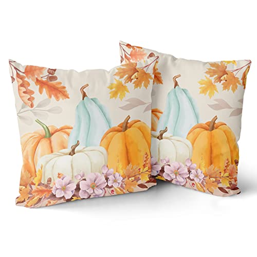 Fall Pillow Covers 18X18 Set Of 2 Autumn Teal Orange White Pumpkin Fallen Leaves Floral Print Throw Pillows Thanksgiving Decorative Pillowcase Cotton Square Cushion Cover For Couch Sofa Bed #TOP1