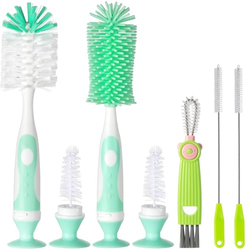 Image of Ariseno 5-in-1 Baby Bottle Brush Set, Bottle Brush for Baby, Bottle Cleaner Brush Set, Including Nylon and Silicone Bottle Brush, Bottle Cap Brush, Straw Brush, Nipple Brush, BPA-Free (Green)