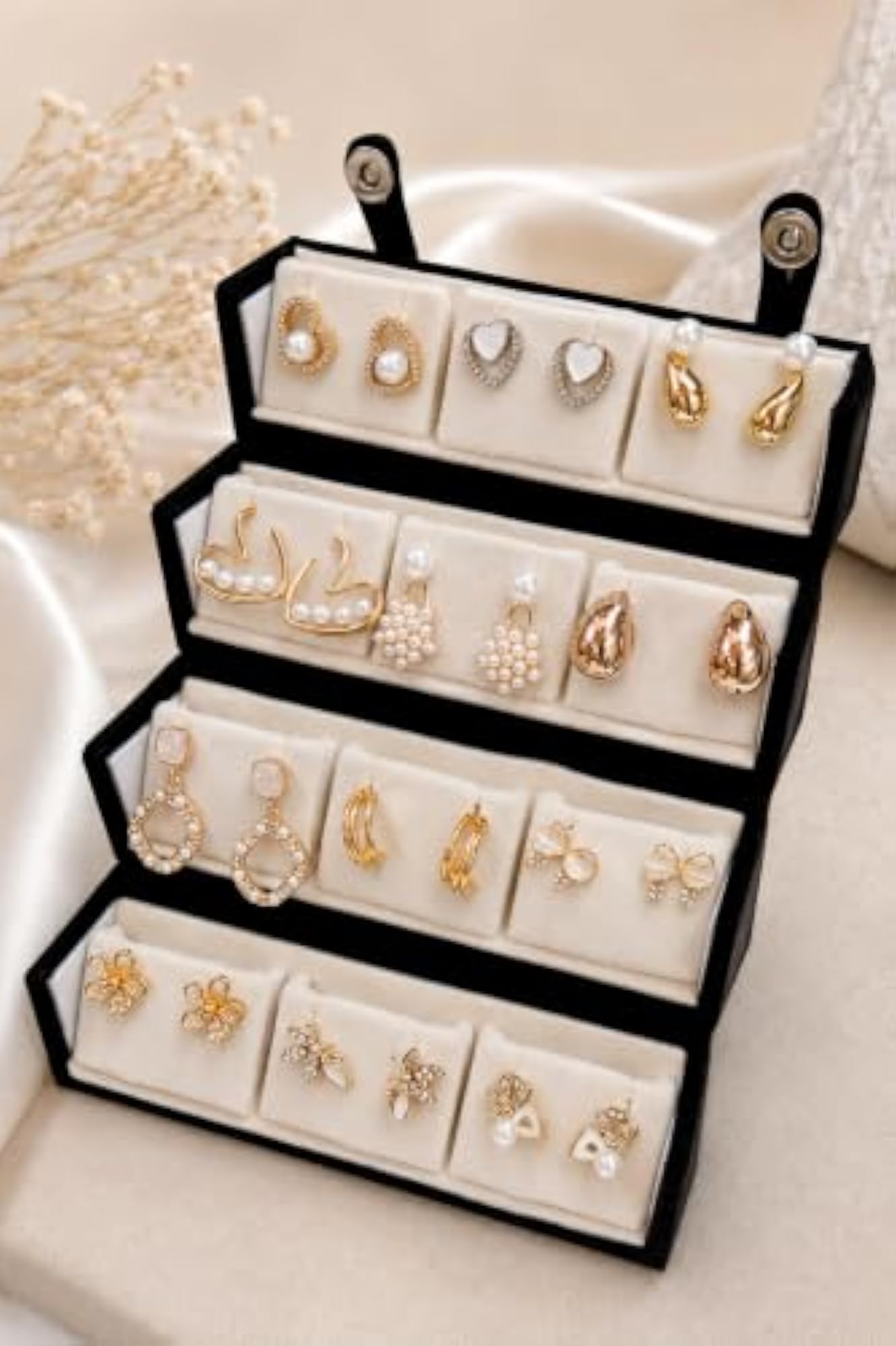 Velvet Earring Organiser Box with 4-Layer Foldable Trays, Black