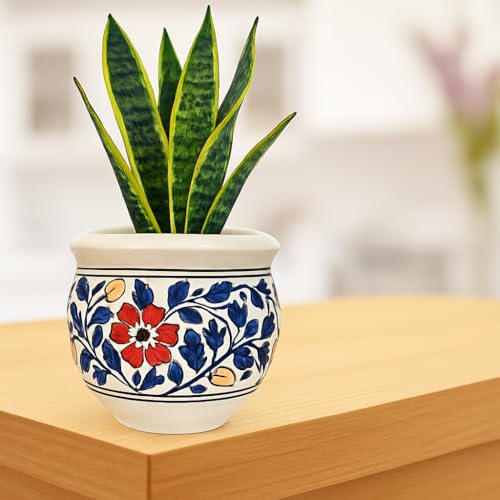 Image of Niyara Large Designer Ceramic Planter Pot | Indoor & Outdoor Use | Perfect for Home, Garden, Office & Balcony Decor (8 inches) (Blue Handi)